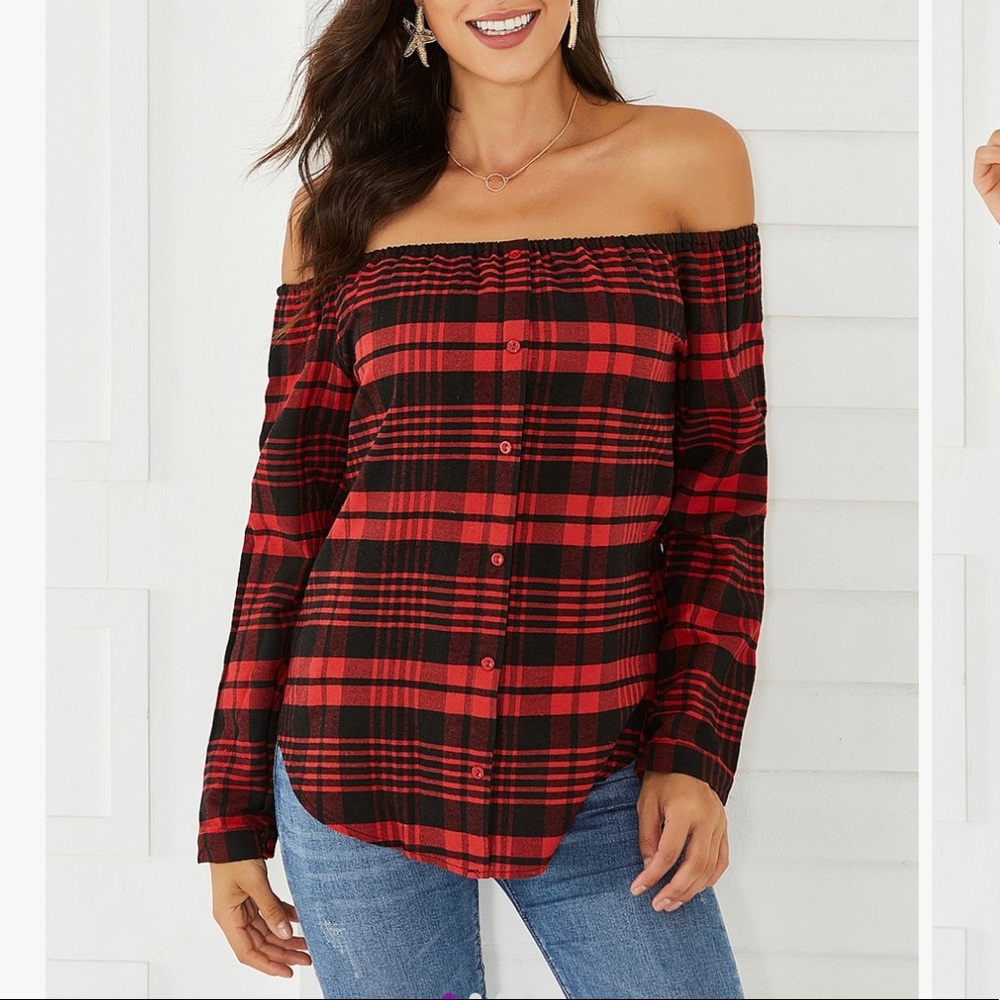 Red and Black Plaid Off the shoulder